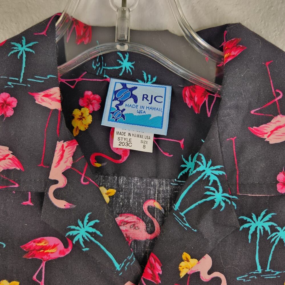 RJC Made in Hawaii Black Tropical Flamingo Button Down Shirt Boys Size 8 - Picture 6 of 8